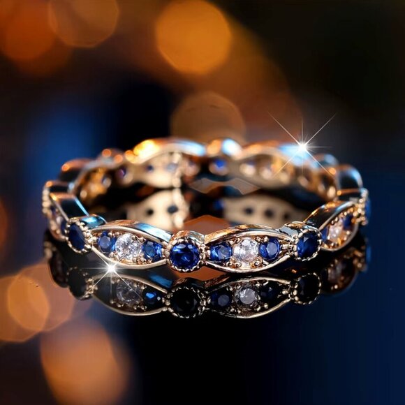 NEW 14k Yellow Gold Diamond Ring Band Blue Sapphire Stackable Ring - Picture 3 of 6